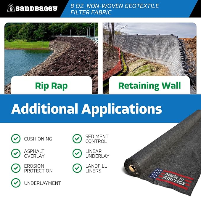 Sandbaggy Non Woven 8 oz Geotextile Landscape Fabric | Industrial Grade Fabric | 205 Lbs of Tensile Strength | UV Protected from Sun Exposure | Approved by DOT (7.5 ft x 300 ft Roll), Black