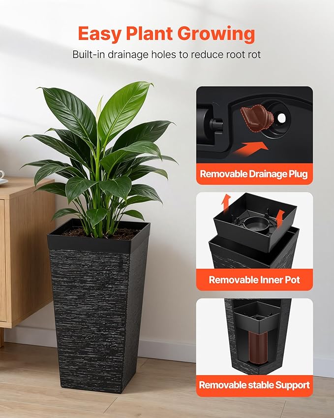 VEVOR Set of 2 Tall Planters for Outdoor Plants 23inch, Black Tall Planter for Indoor Plants, Modern Planters for Front Porch Patio Balcony, Plant Container Flower Pots with Built-in Drainage