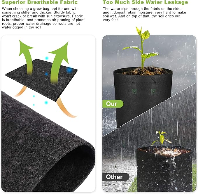 GreenTiger Tall Grow Bags, 8-Pack 7 Gallon Grow Pots with Handles, Improved 300G Thickened Aeration Fabric Deep Plant Growing Bags, Designed for Indoor/Outdoor Vegetables and Flowers, Classic Black