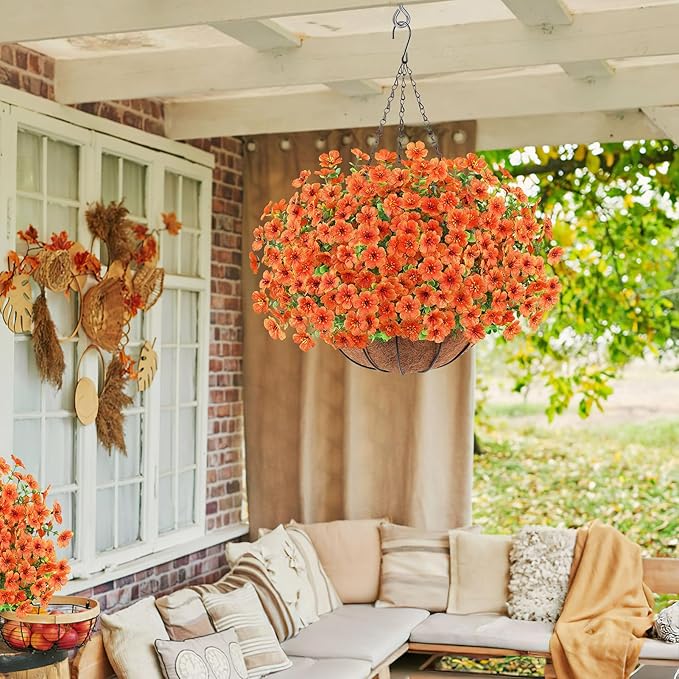 Artificial Flowers Hanging Plants in Basket, Artificial Hanging Flowers for Spring Outdoor Indoor Decor, UV Resistant Hanging Baskets with Fake Flowers for Spring Summer Patio Garden Porch Decor