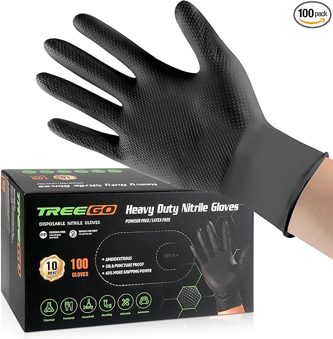 TREEGO 10 Mil Black Nitrile Gloves Heavy Duty — 3D Diamond Texture Grip, Latex Free Disposable Rubber Mechanic Gloves, X-Large, 100 Count