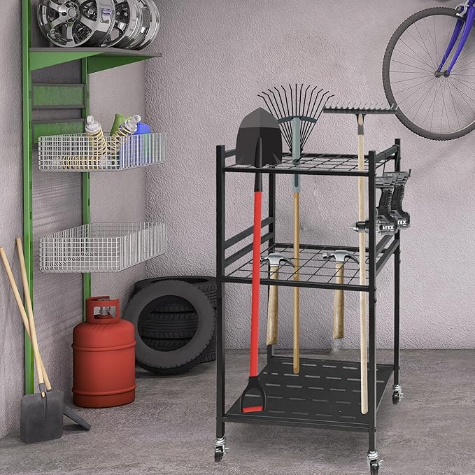 Garden Tool Organizer, 3-Tier Yard Tool Storage Rack with 35 Slots & 3 Hooks, Heavy Duty Garage Organizer for Shovels, Rakes & Brooms (33.6" x 11.5" x 17")
