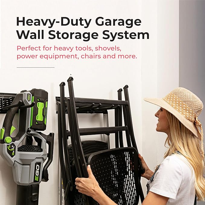 TIDYME Garage Tool Organizer Wall Mount | 48-Inch Garage Wall Organizer & Folding Chair Rack | Heavy-Duty Tool Hanger System | 9-Piece Kit with 3 Steel Rails & 6 Adjustable Hooks | 300 lbs Capacity