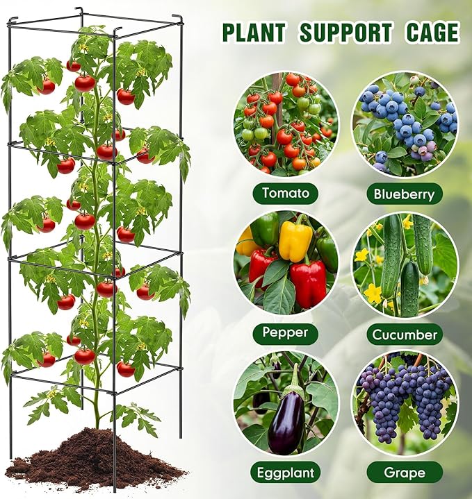 Hicarer 16 Pack Square Tomato Cage Heavy Duty Tomato Cages for Garden Vegetable Plant Trellis Stakes Plant Support Stake Tower for Climbing Vegetables Plants Flowers Fruit (11.5 x 46 Inches,Black)