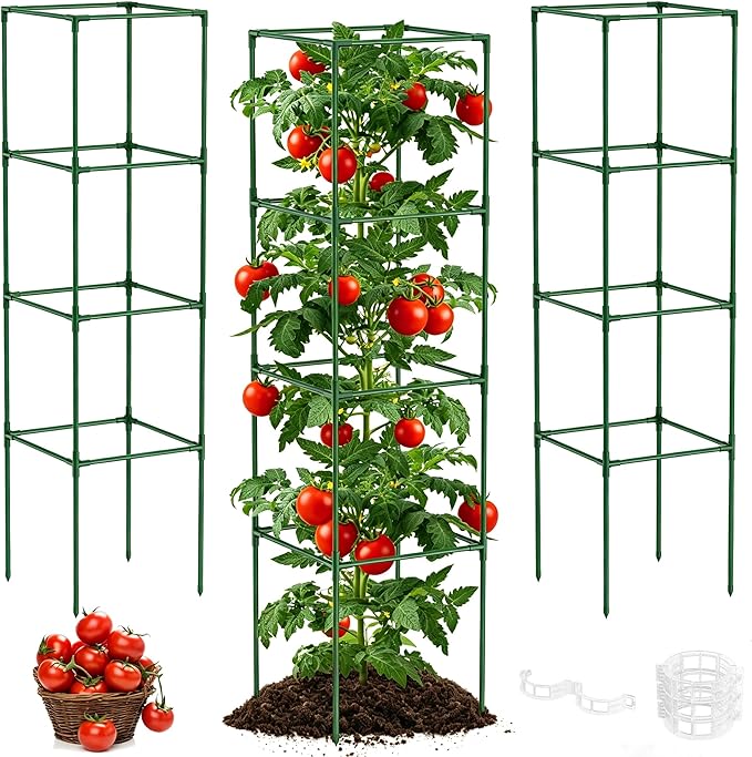 Unves 3 Pack Tomato Cage for Garden, 16" W x 66" H Square Tomato Trellis Plant Support Frame with 50 Pcs Plant Clips, Suitable for Climbing Vegetables, Flowers, and Fruits
