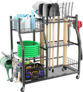 Extra Large Garden Tool Organizer Rack with Wheels, 3x2 Heavy Duty Garage Storage Stand Holds 60+ Tools, Black