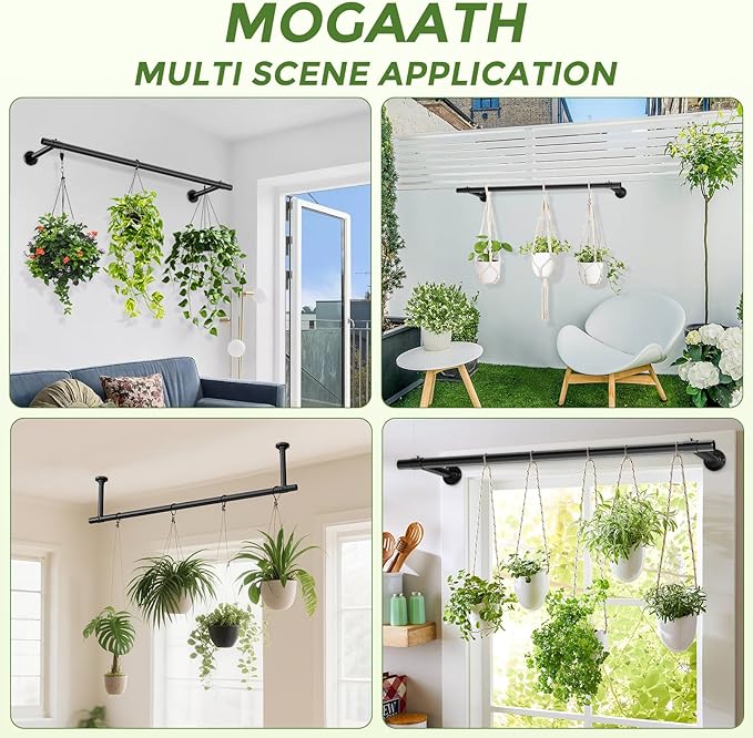 2 Pack Window Plant Hanger Indoor, 32 Inch Heavy Duty Plant Hanging Rod, 1 Inch Metal Hanging Plant Holder for Window Wall, Matte Black Round Flange Base, Pot Not Included