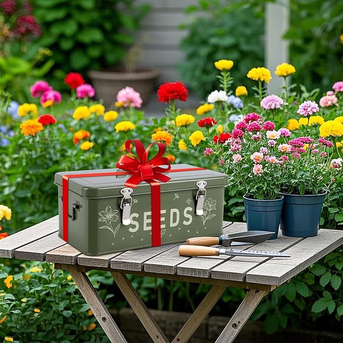 Seed Storage Organizer with Lid, Metal Seed Bin Seed Packet Container with 100 Plant Labels 50 Seed Envelopes 50 Plant Clips 1 Marker Pen, 4 Compartments Box with Locks
