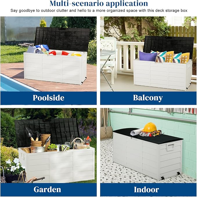 VINGLI 75 Gallon Resin Outdoor Deck Box, 75 Gallon Patio Storage Box with Side Handles, Lockable Storage Containers for Patio Furniture Cushions, Pool Accessories, Garden Tools, White