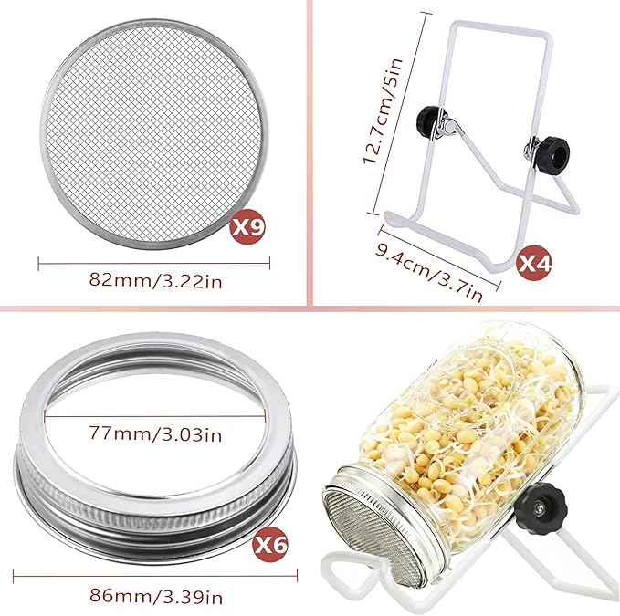 Seed Sprouting Jar Lid Kit with 9 Pack Stainless steel filter sheet and 4 Pack Stainless Steel Sprouting Stands for 86mm Wide Mouth Mason Jars for Growing Organic Sprouts 316 Stainless Steel（6 Pack）