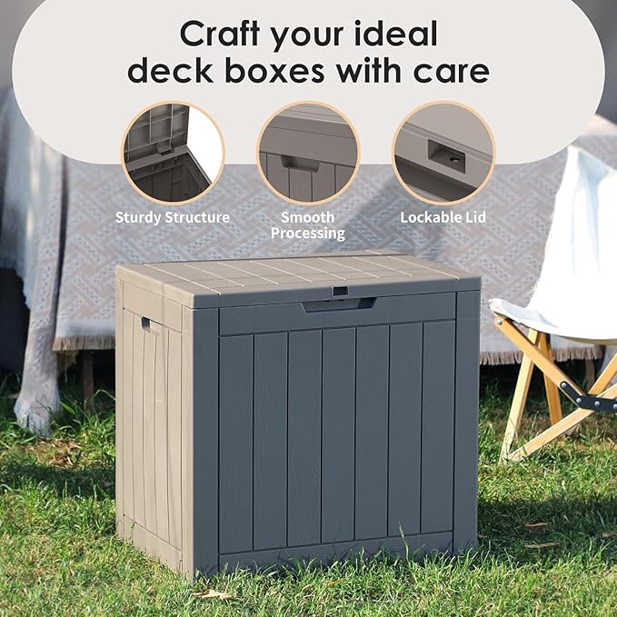 Vixzen 30 Gallon Resin Deck Box - Lockable Outdoor Storage for Patio Cushions, Garden Tools, Pool Supplies（Grey，30 Gallon）