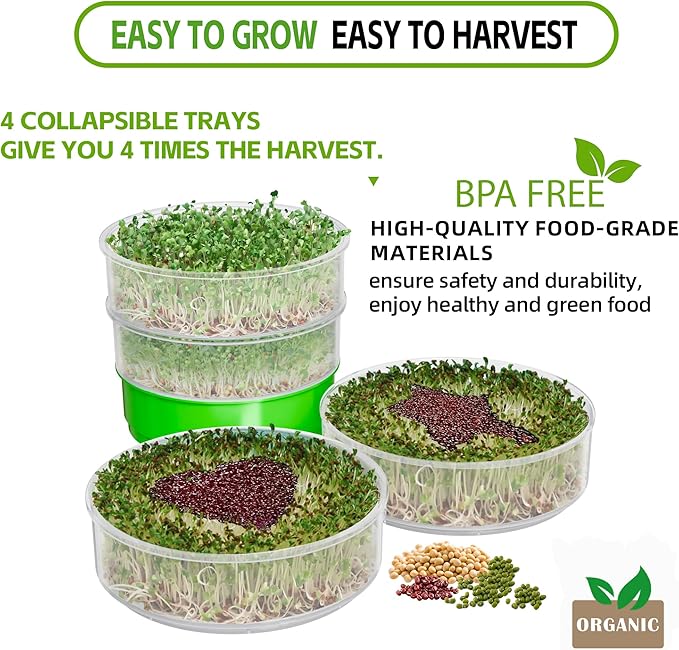 4-Tier Seed Sprouting Kit, Stackable Microgreens Growing Kit with Drain Trays and Blackout Sleeves, Green Soil-Free Seed Sprouter Tray for Growing Organic Mung Beans, Broccoli, Alfalfa