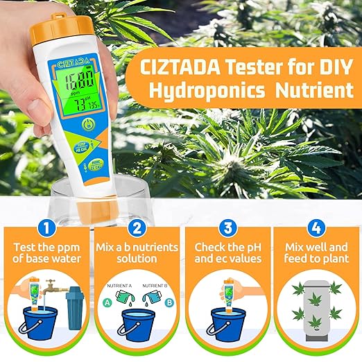 Digital pH Tester for Water pH EC PPM Meter for Hydroponics Nutrients with 1413μs/cm Calibration Solution pH Conductivity TDS Temperature Monitor Meter for Indoor Plant, Pool, Drinking Water
