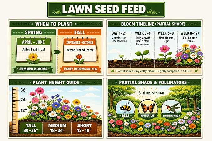 Partial Shade Wildflower Mix Seed (1oz) – Shade-Loving Wildflowers that Produce Vibrant Blooms in Low-Light Areas and Dappled Sun. Perfect for Yards, Garden beds, Fence Lines, and Woodland Edges.