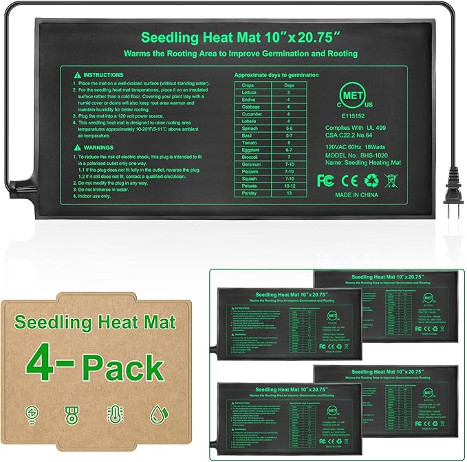 Seedling Heat Mat 4 Pack Dual Certified by MET and UL Plant Heating Mat Pad with Power Failure Protection Thermostatic Waterproof Suitable for Seedlings