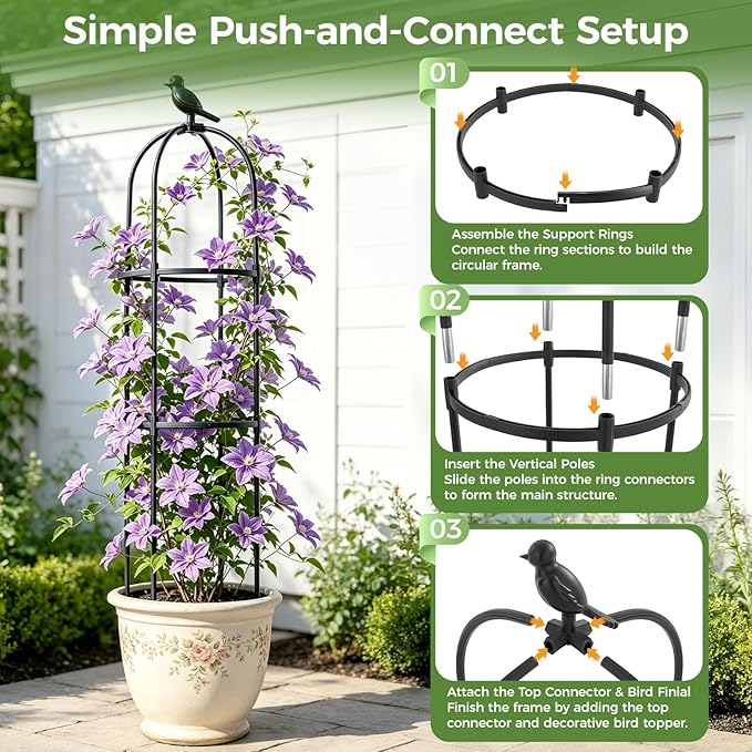 1pcs Garden Obelisk Trellis for Climbing Plants Outdoor, Tomato Cages for Garden, Metal Rustproof Plant Support Trellis for Potted Plants, Rose, Vine, Vegetable for Outdoor & Indoor Use (Black)