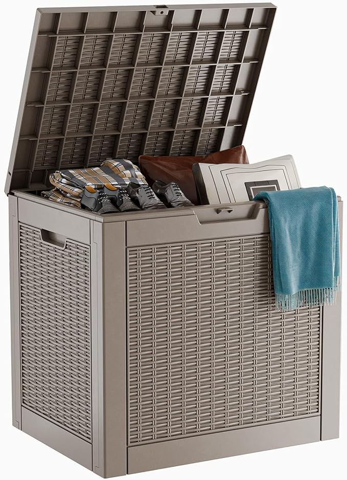 31 Gallon Wicker Pattern Resin Deck Box, Lockable Patio Outdoor Storage Box for Furniture, Garden Tools and Tools Storage, Waterproof Outside Storage Box (Grey)