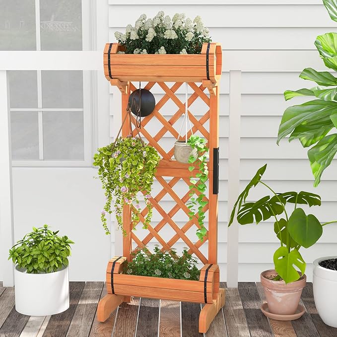 Giantex Raised Garden Bed with 2 Barrel Planters & Trellis, 2-Tier Freestanding Wooden Raised Bed for Vine Vegetable Flower Fruit, Indoor Outdoor Plant Box for Garden Yard Balcony 18" Lx14 Wx44.5 H