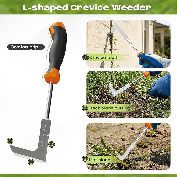 fishark Weed Puller Tool Set, 3 Pack Manual Weed Puller with Ergonomic Handle, Stainless Steel Crack Weeder and Uprooting Tool for Garden, Patio, Lawn, Driveway and Paving Stones