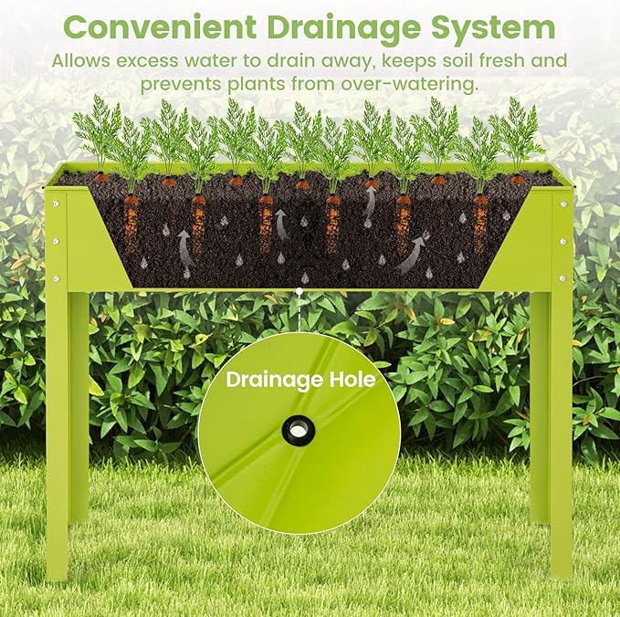 Giantex Raised Garden Bed, Metal Planter Box with Legs, Drain Hole, Outdoor Indoor Elevated Garden Box for Vegetable Flower Herb Fruit, Standing Raised Beds for Backyard Porch Balcony Green