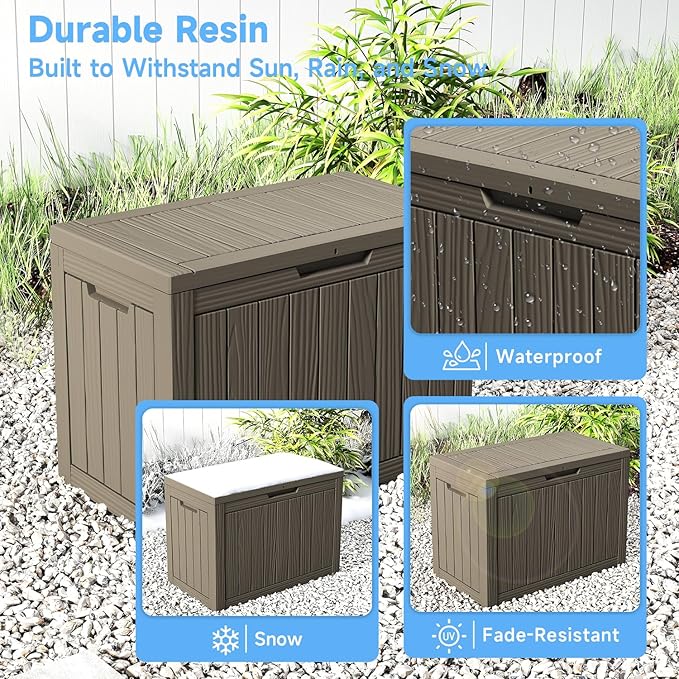 45-Gallon Outdoor Storage Box, Waterproof Deck Box for Patio Cushions, Garden Tools, Pool Accessories, Lockable Outside Storage Bin for Backyard & Deck (Grey)