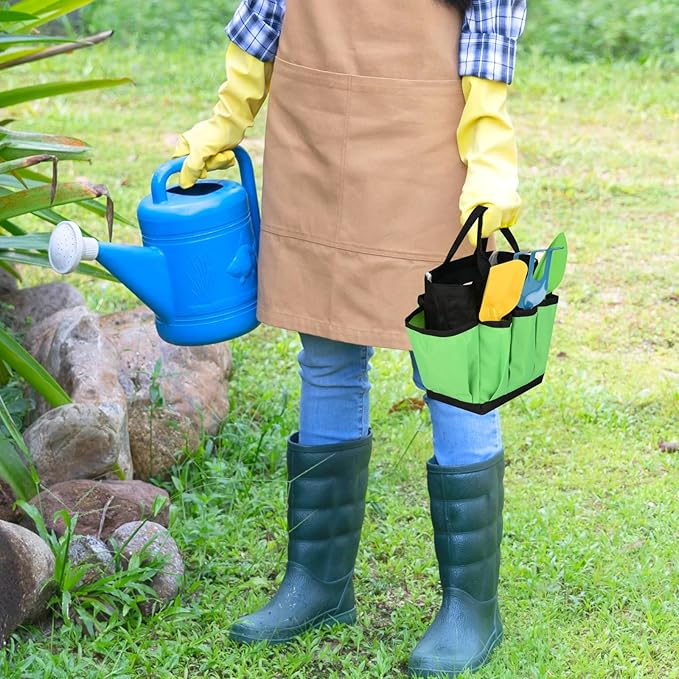 Small Garden Tool Bag Waterproof Gardening Hand Tool Storage Bag Heavy Duty Oxford Tote Organizer Bag with 8 Pockets, Garden Utensil Handbag for Women Men (Green)