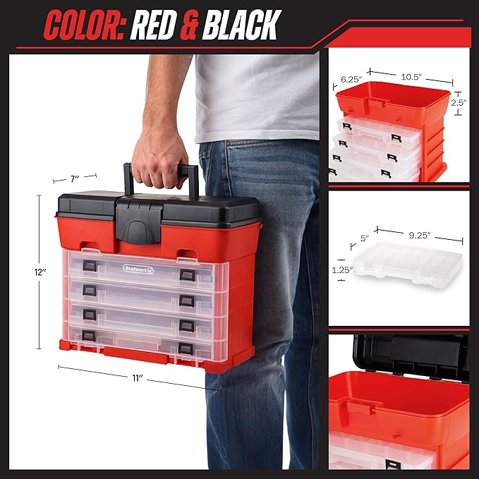Portable Tool Storage Box - Small Parts Organizer with 4 Multi-Compartment Trays for Fishing Tackle, Hand Tools, or Craft Supplies by Stalwart (Red)