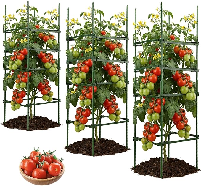 NOVWANG 3 Packs Square Tomato Cages, 10.6 inches x 48 inches Square Plant Support Stakes Tomato Trellis for Tomato Pepper Vegetable Support Plant Support for Garden Patio Farm