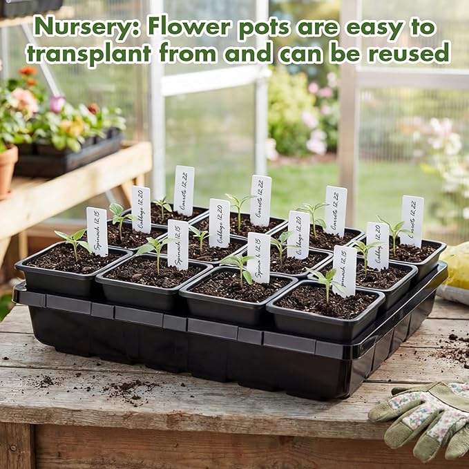 Nuenen Seed Starter Tray 6 Pcs, 3.5 Inch Square Nursery Pots 72 Pcs, Seed Starting Pot with Drainage, Seedling Trays, Microgreenings Plant Propagation Germination Tray, 6 Set