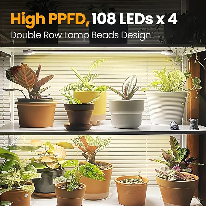 Mosthink Grow Lights for Indoor Plants, 6500K Full Spectrum Plant Lights for Indoor Growing, 16" LED Plant Grow Light Strips with 432 LEDs, 3/6/12H Auto Timer, 6-Level Dimmable, 4-Pack