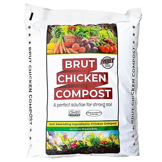 Brut Chicken Compost – Nutrient-Rich 100% Composted Chicken Manure Soil Amendment – Safe, Pure Organic Compost – Additive-Free Soil Fertilizer for Vegetable Gardens, Flowers, & Indoor Plants – 10 Qrt