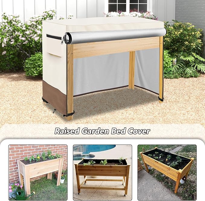 Outdoor Raised Garden Bed Winter Cover with Split Zipper,Waterproof Heavy Duty Cover for 48 x 24 x 30 inch Elevated Wood Planter Box Stand(Beige,Covers only)