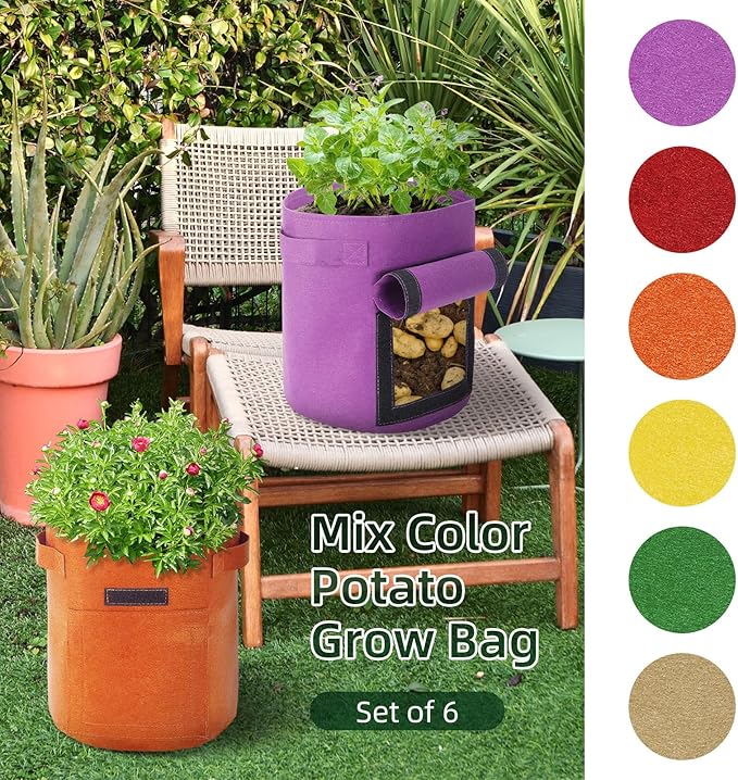 6 Pack 7 Gallon Potato Grow Bags With Flap and Handle, Garden Planting Bag, Nonwoven Fabric Vegetables Growing Bags for Tomato Carrot Onion