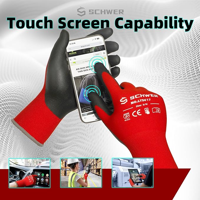 Schwer Ultra-Comfort Safety Work Gloves MicroFoam Nitrile Coated, Seamless Knit Nylon Glove for Men and Women, 6/12 Pairs, Abrasion Resistant, Non Slip, Breathable, LT5617, L