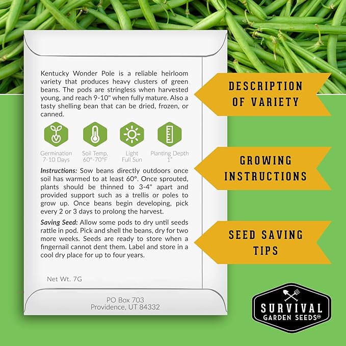 Survival Garden Seeds - Kentucky Wonder Pole Bean Seed for Planting - 5 Packets with Instructions to Plant and Grow Green Snap Beans in Your Home Vegetable Garden - Non-GMO Heirloom Variety