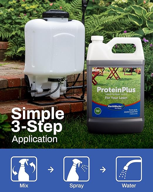 EarthWorks ProteinPlus Organic Liquid Fertilizer, Green Up Lawn Food with Essential Nutrients (Nitrogen, Carbon, Iron & Zinc), All Grass Types, Foil Spray Backpack or Hose End Applicators, 1 Gallon