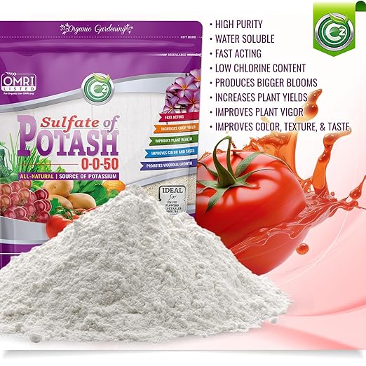 Organic Sulfate of Potash 0-0-50 Made in USA - OMRI Listed - Water Soluble SOP Potassium Plant Food for Plants & Flower Gardens - 3LB Low Chlorine Fertilizer. Enhances Color & Taste!