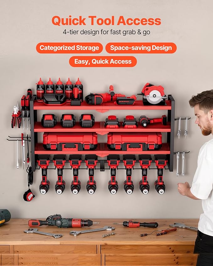 VEVOR Power Tool Organizer Wall Mount, 4-Layer Storage Rack with 8 Drill Holders, Tools Holder and Storage Rack with Side Pegboards, Garage Tool Organizer for Garage, Workbench, and Workshop