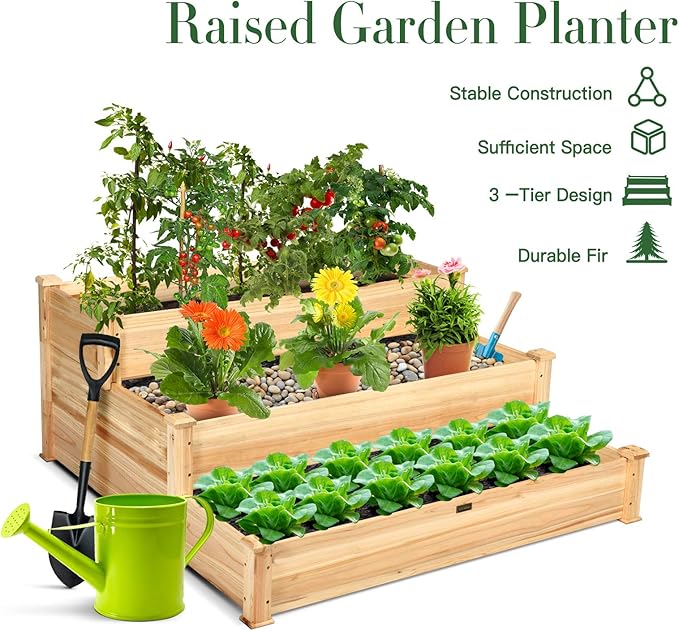 Giantex 3 Tier Raised Garden Bed Wood Elevated Planter Box Vegetable Flower Growing Bed Kit Outdoor Planting Container for Backyard Lawn Patio Planter Raised Beds, Easy Assembly 49"X49"X22"