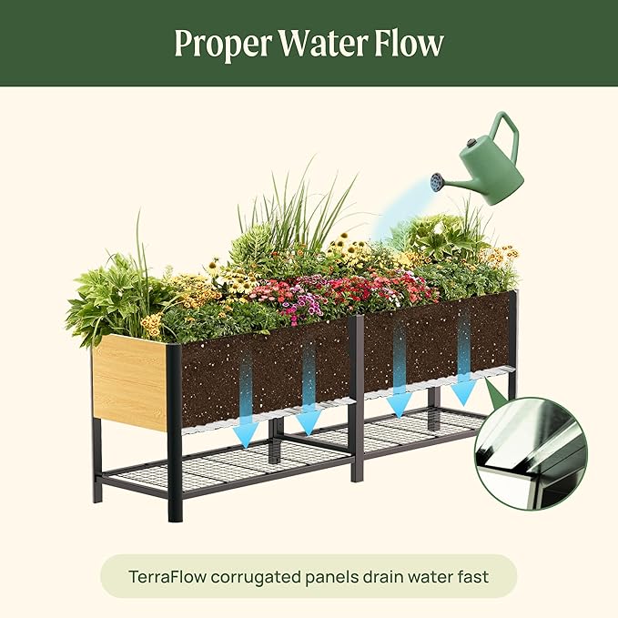 Rolling Elevated Garden Bed, 2' x 8' Metal Woodgrain Elevated Outdoor Planters Boxes with Legs & Storage Rack for Patio, 1800 lbs Weight Capacity, Raised Beds for Gardening Herb Flowers Vegetables