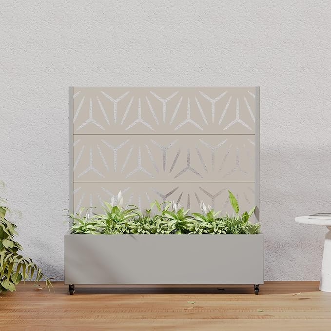 Casaphoria Metal Raised Garden Bed with Trellis and Wheels, 47"x47"x16" Planter Box for Climbing Plants, Vegetables & Vines, Features Drainage Holes and Privacy Screen, Grey-Star