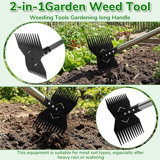 Garden Weed Tool,Portable Gardening Weeder Tool,63" Weeding Tools Gardening Long Handle,Easy Weeding Without Bending or Squatting Down,Suitable for Farm Planting,Gardening(Black 24 Claws)
