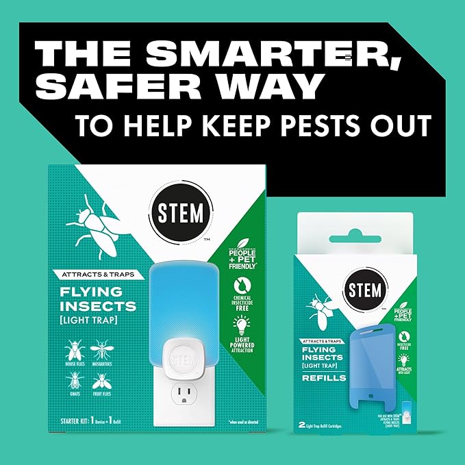 STEM Flying Insect Trap - Indoor Fruit Fly & Gnat Catcher for Home, Kitchen & Any Room, Attracts & Traps Bugs, Soft Blue UV Light - Includes 2 Plug-in Devices & 4 Cartridges