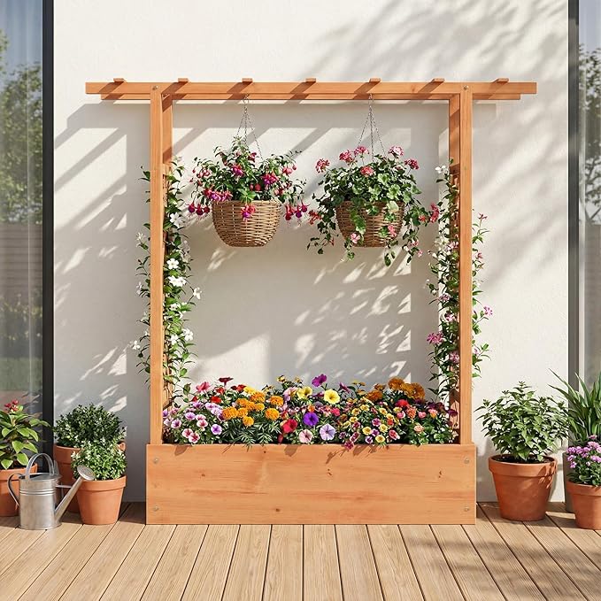 HAPPYGRILL Raised Garden Bed with Trellis & Hanging Roof, 45" Tall Wooden Planter Box with Drainage Holes, Outdoor Wood Elevated Garden Bed for Climbing Plants Vines Vegetables Flowers (Orange,2)