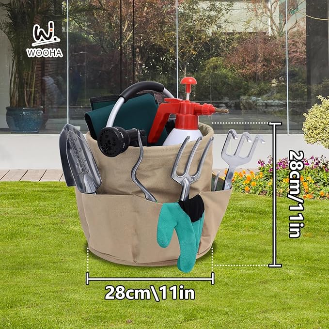 WOOHA Garden Tool Organizer Bag 17L Collapsible Tool Bag Foldable Tool Organizer Outdoor Camping Garden Harvest Basket Cleaning Supply Caddy with Handle for Home Bathroom Storage Bath Wash Bag（khaki）