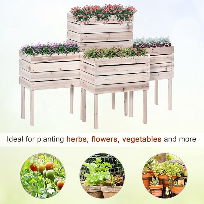 Outsunny 4PCS Raised Garden Bed with Legs, Wooden Elevated Planter Box Kit with Bed Liner, DIY Shape, for Flowers Vegetables Backyard Patio Balcony, 110lb Capacity