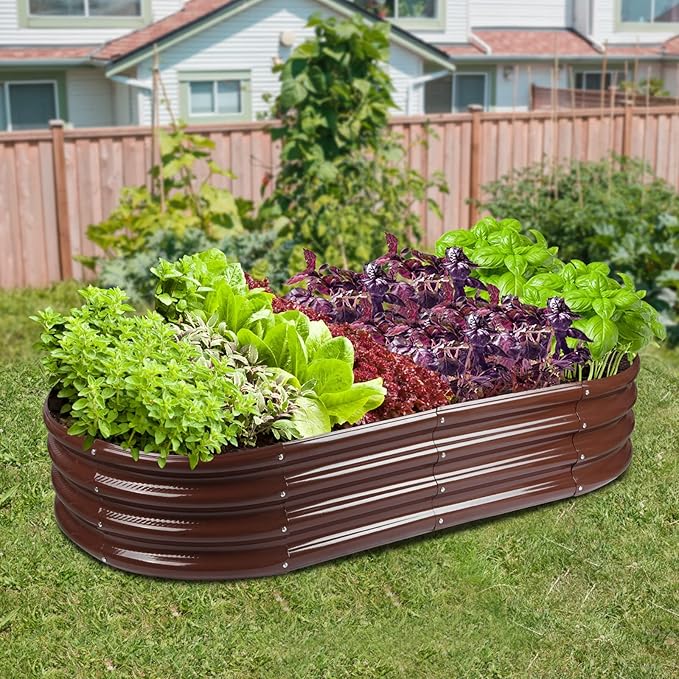 Raised Garden Bed GRS Certified Galvanized Planter Box Outdoor, 6.5ft Oval Rot-Resistant Metal Garden Bed Planter, Recycled Eco-Friendly Material Planter for Vegetables Flowers Herbs (Brown)