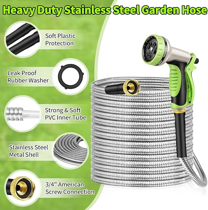GOXAWEE Garden Hose 100FT, Stainless Steel Heavy Duty Water Hose With 10 Function Nozzle, No-Kink, Tough & Flexible, Sturdy and Lightweight, Rust Proof for Yard, Outdoor, RV