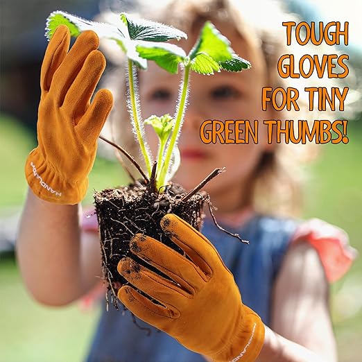 HANDLANDY 2 Pairs Kids Genuine Leather Work Gloves for ages 3-11, Children Gardening Gloves for Boys, Girls (Large (for age 8-11), Orange)