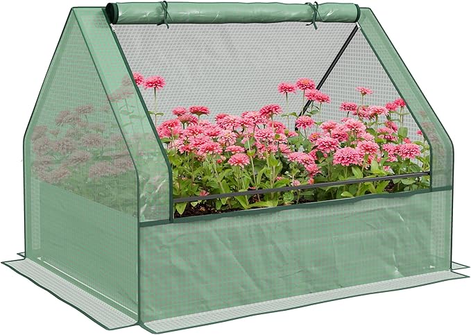 Outsunny 4 x 3 x 1ft Raised Garden Bed with Mini Greenhouse, Galvanized Outdoor Planter Box with Cover, for Herbs and Vegetables, Use for Patio, Garden, Balcony, Green Cover and Silver Planter